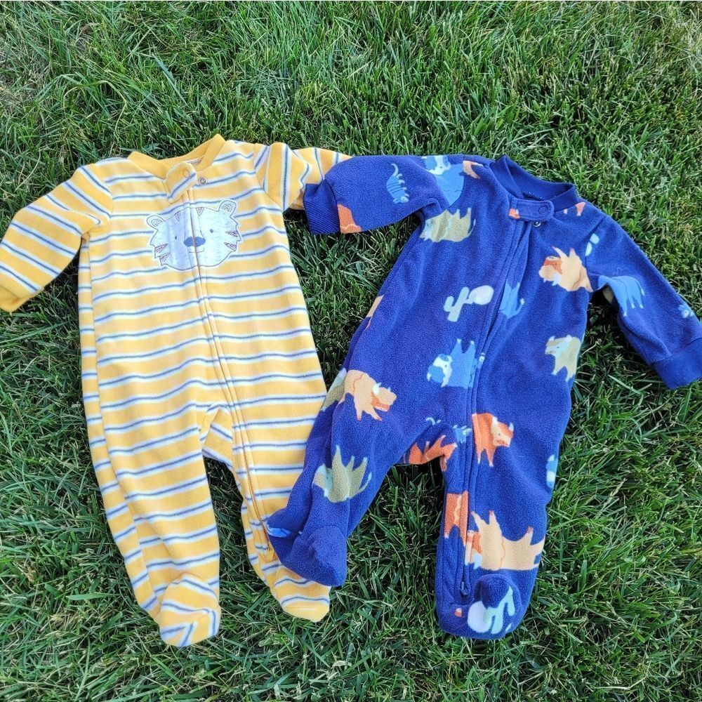 BUNDLE 3M Fleece Footie Pajamas Zip Front Lion Dinosaur
